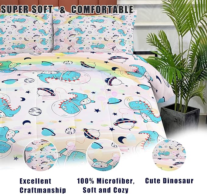 NINENINE Pink Dinosaur Bedding Set Colorful Rainbow Castle UFO Space Theme Comforter Set,Full Size Kids Bedding Sets for Boys Girls, Little Dinosaur Comforter Set with 1 Comforter 2 Pillowcases