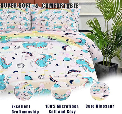 NINENINE Pink Dinosaur Comforter Set Colorful Rainbow Castle UFO Space Theme Bedding, Twin Comforter Sets for Boys Girls Kawaii Bedding Set with 1 Comforter 1 Pillowcase