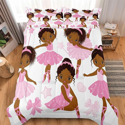 Full Bedding Sets for Girls, African American Magic Comforter Set with Ballet Dancer, Pink Bed Set for Kids Teens, Little Girls Bedroom Decor