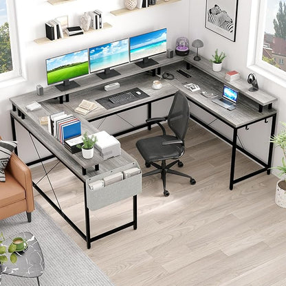U Shaped Computer Gaming Desk, Reversible L Shaped Desk with Power Outlets, LED Strip & Monitor Stand, Large Corner Desk with Storage Shelves for Home Office, Grey Oak