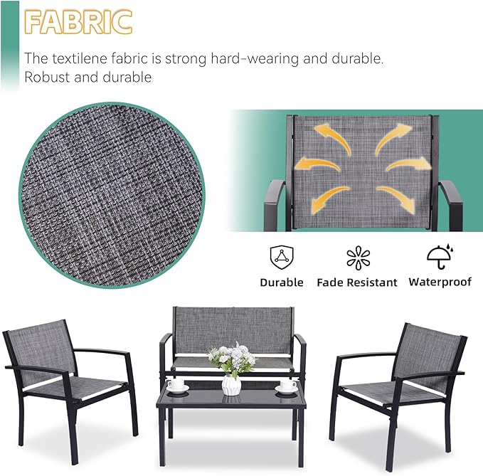4 Pieces Patio Furniture Set Outdoor Garden Patio Conversation Sets Poolside Lawn Chairs with Tempered Glass Coffee Table Loveseat Porch Furniture Textilene Fabric Grey