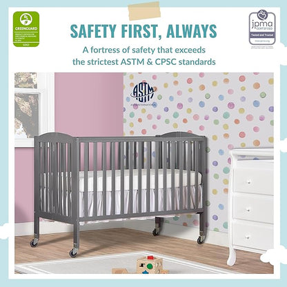 Folding Full Size Convenience Crib In Storm Grey, Two Adjustable Mattress Height Positions, Comes With Heavy Duty Locking Wheels, Flat Folding