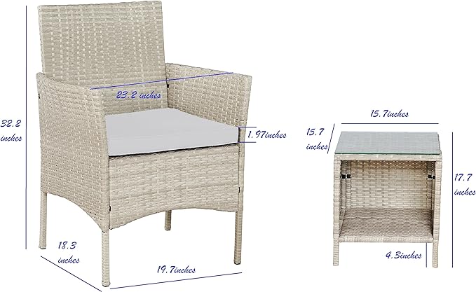BTEXPERT Outdoor Wicker Conversation 3 Piece Bistro Set Garden Patio Yard Porch Furniture Space Saving Pe Rattan 2 Chairs Cushions Side Storage Glass Table Gray/Cream 3pc, OneSize