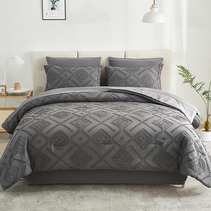 EMME King Comforter Set - 7 Pcs Dark Grey Boho Bedding Sets, King Size Tufted Comforter with Sheets, Shabby Chic Embroidery Bed Set Fluffy Bed Bag for All Season(102"X90")