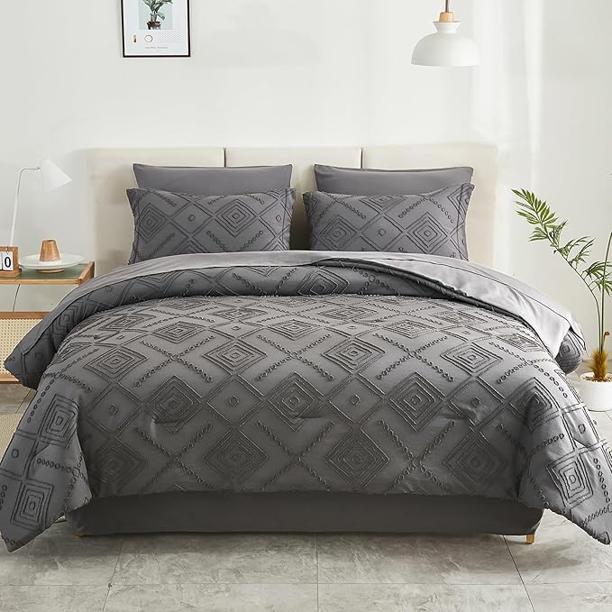 EMME Queen Comforter Set - 7 Pcs Dark Grey Boho Bedding Sets, Full Size Tufted Comforter with Sheets, Shabby Chic Embroidery Queen Bed Set Fluffy Bed Bag for All Season(90"X90")
