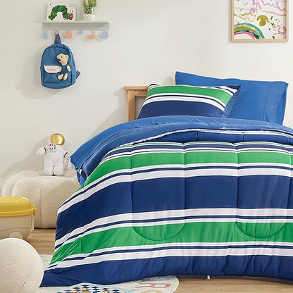 SLEEP ZONE Jersey Knit 3 Pieces Kids Comforter Set, Navy Gree Rugby Stripe Design for Boys and Teens. Durable, Breathable and Easy Care, All Season Use (Rugby Stripe Navy/Green, Full/Queen)