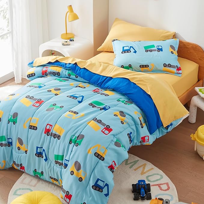 SLEEP ZONE Kids Twin Bedding Comforter Set - Super Cute & Soft Kids Bedding 5 Pieces Set with Comforter, Sheet, Pillowcase & Sham (Construction Truck)