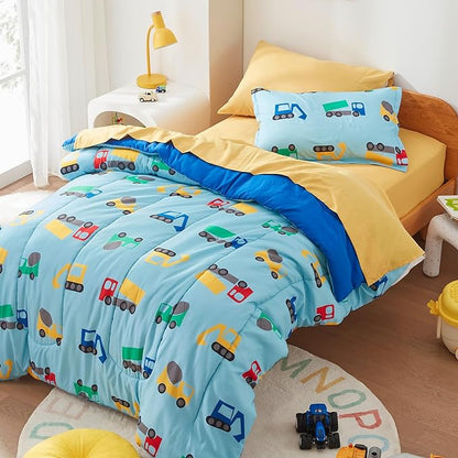SLEEP ZONE Kids Twin Bedding Comforter Set - Super Cute & Soft Kids Bedding 5 Pieces Set with Comforter, Sheet, Pillowcase & Sham (Construction Truck)