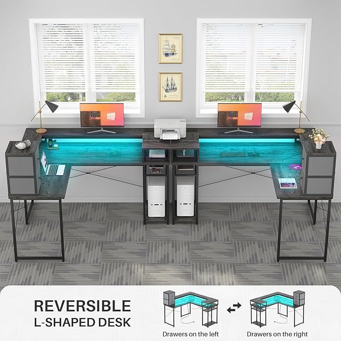 armocity L Shaped Desk with Drawers, Reversible Corner Computer Desk with LED Light & Power Outlet, 55.2'' L-Shaped Gaming Desk with Long Monitor Shelf, Home Office Desk for Small Corner Space, Grey