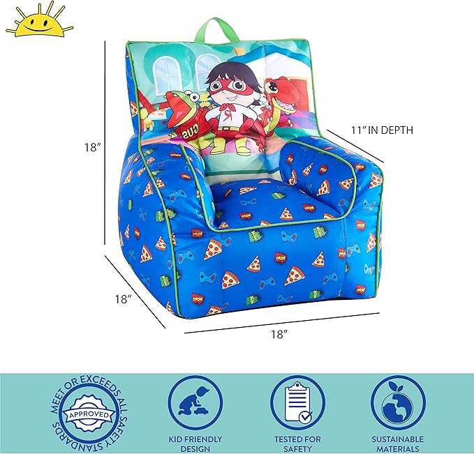 Idea Nuova Ryan's World Toddler Nylon Bean Bag Chair with Piping & Top Carry Handle Large