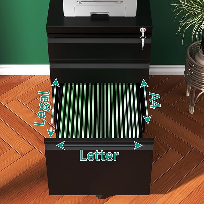 3 Drawers Mobile File Cabinet, Rolling File Cabinet Fully Assembled Under Desk, Metal Filing Cabinet with Lock for Home Office Organizer Letters/Legal/A4 (Black)
