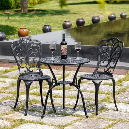 Patio Bistro Set 3 Piece Outdoor,Cast Aluminum Outdoor Bistro Table and Chair Set of 2 with 1.97" Umbrella Hole,All Weather Metal Bistro Table Set for Front Porch Set(Butterfly Black)