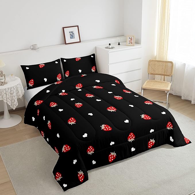 Erosebridal Strawberry Comforter Set Queen Size Red and Black Kawaii Strawberry Bedding Set for Kids Girls Women Bedroom Decor Children Cute Sweet Tropical Fruit Comforter Soft Reversible Bedding