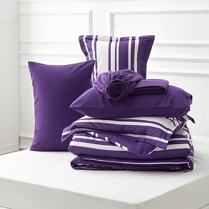 Bedsure Bed in a Bag Queen Size 7-Piece Purple White Striped Bedding Comforter Sets All Season Bed Set, 2 Pillow Shams, Flat Sheet, Fitted Sheet and 2 Pillowcases