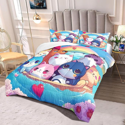 Cat Bedding Set Full Size - Girls Bedding Cute Cat Comforter Set for Girls Kids Teens Soft Breathable Animal Bedding Kid Comforter Set for All Season, 1 Comforter 2 Pillowcase