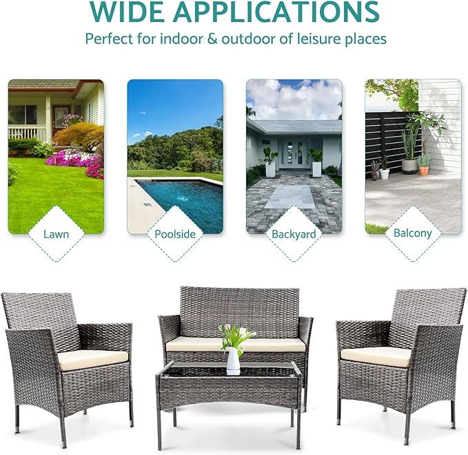 Patio Furniture, 4 Piece Conversation Set, Outdoor Wicker Rattan Table and Chairs, Sectional Sofa with Thick Cushion for Garden, Yard, or Porch, Grey