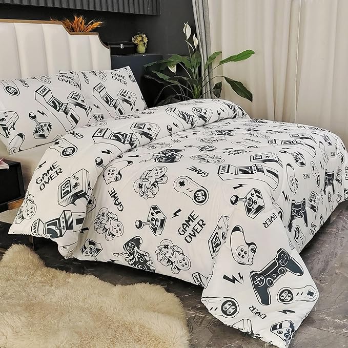 3PCS White Gamer Comforter Set Twin for Boys Girls Teens and Kids, Soft Microfiber Gamer Twin Quilt Bedding Set, Bed in a Bag Lightweight Summer Comforter, Twin