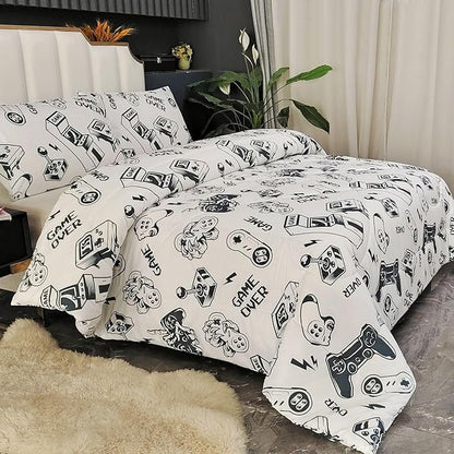 3PCS White Gamer Comforter Set Twin for Boys Girls Teens and Kids, Soft Microfiber Gamer Twin Quilt Bedding Set, Bed in a Bag Lightweight Summer Comforter, Twin