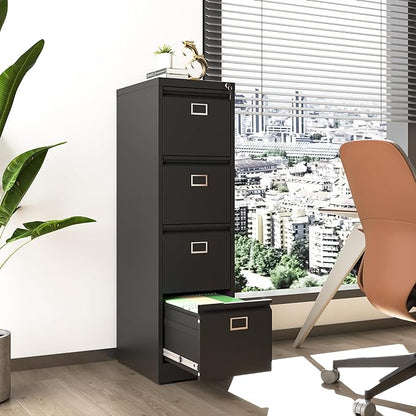 4 Drawer File Cabinet, Metal Vertical File Cabinets with Lock for Home Office, Heavy Duty Office Steel Filing Cabinet for Hanging Files for A4/ Legal/Letter,Assembly Required (Black)