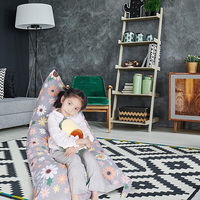 Stuffed Animal Storage Bean Bag Chair Cover, Velvet Canvas Gray Sunflower Plush Toy Storage Stuff and Sit Seat for Kids/Teens/Adults, 52" x 31" Extra Large Sofa, 200L/52Gal, Cover Only