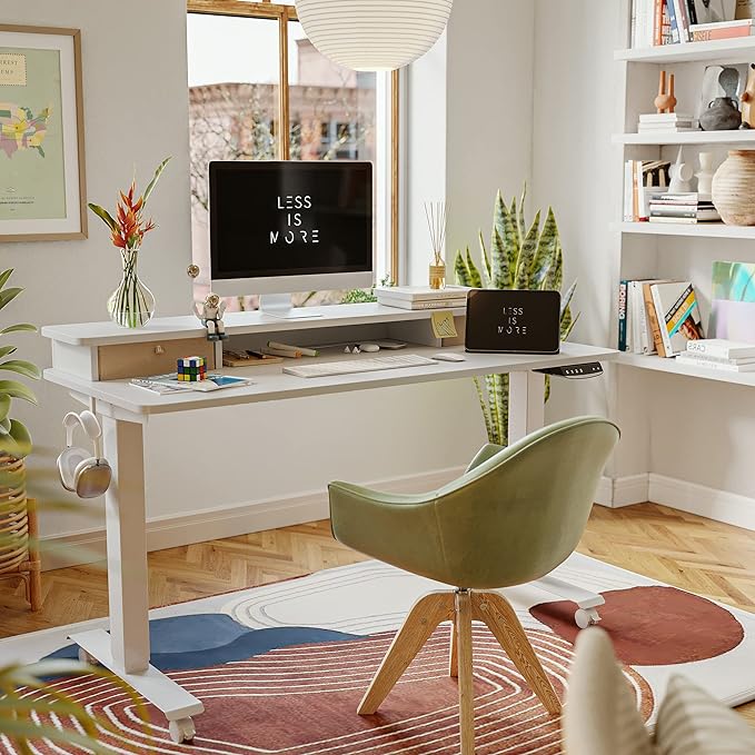 FEZIBO 40 x 24 Inch Height Adjustable Electric Standing Desk with Double Drawer, Stand Up Desk with Storage Shelf, Sit Stand Desk, White