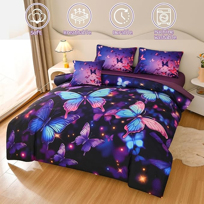 DORCAS Butterfly Comforter Sets for Girls,Full Size Butterfly Bedding Sets Girls,6 Pieces Girls Bedding Sets Full with Comforter Sheets for Teens Kids