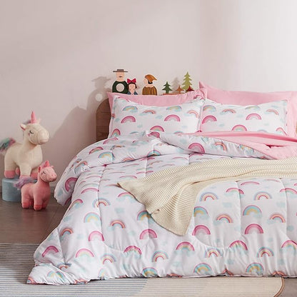 SLEEP ZONE Kids Twin Bedding Comforter Set - Super Cute & Soft Kids Bedding 5 Pieces Set with Comforter, Sheet, Pillowcase & Sham (Pink Rainbow)