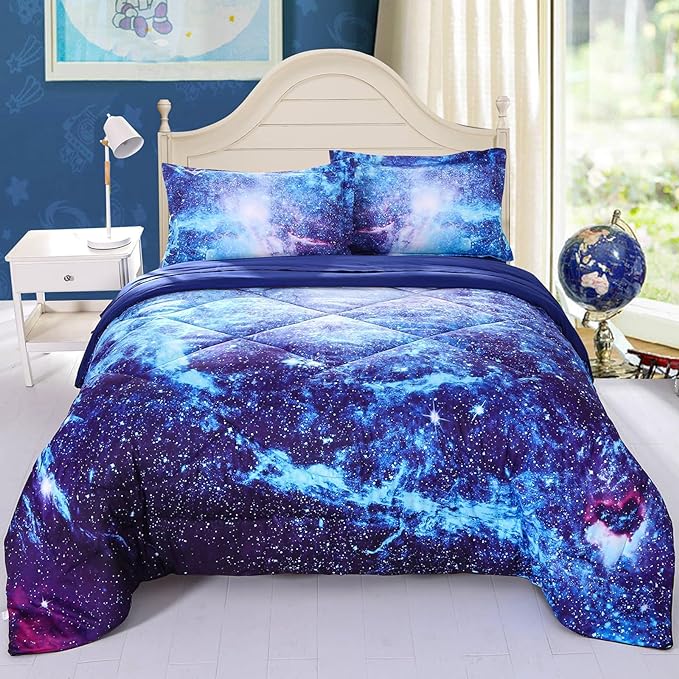 Wowelife Galaxy Bedding Comforter Set Full 5 Pieces Blue Outer Space Kids Full Size Comforter Bed Set for Teen Boys and Girls Lightweight with Comforter, Flat Sheet, Fitted Sheet and 2 Pillowcases