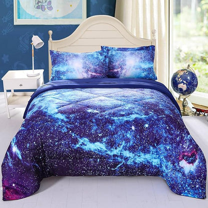 Wowelife Galaxy Bedding Comforter Set Full 5 Pieces Blue Outer Space Kids Full Size Comforter Bed Set for Teen Boys and Girls Lightweight with Comforter, Flat Sheet, Fitted Sheet and 2 Pillowcases