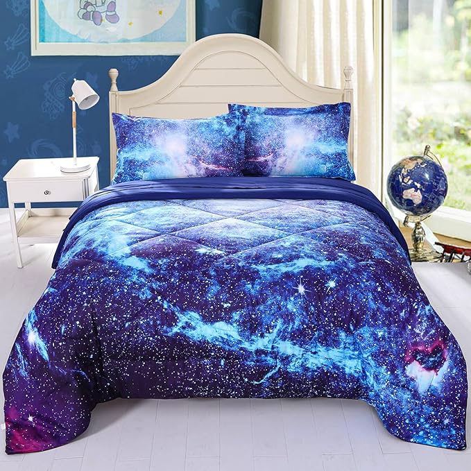 Wowelife Galaxy Bedding Sets for Girls and Boys 5-Piece Queen Size, Premium 3D Outer Space Galaxy Comforter Set Blue, Comfortable and Soft for Kids and Adults(Queen-5 Piece, Blue Galaxy)