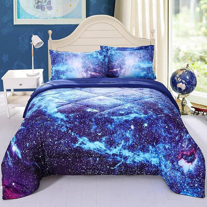 Wowelife Galaxy Bedding Sets for Girls and Boys 5-Piece Queen Size, Premium 3D Outer Space Galaxy Comforter Set Blue, Comfortable and Soft for Kids and Adults(Queen-5 Piece, Blue Galaxy)
