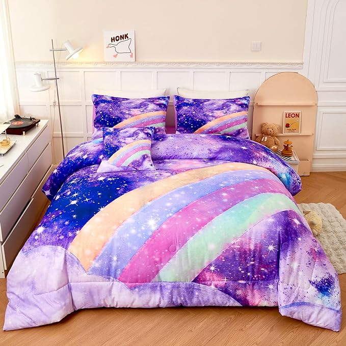 6 Pcs Rainbow Queen Bed in A Bag for Girls/Kids/Teens Purple Tie Dye Comforter Set Galaxy Girls Bedding Comforter Set Soft Gradient Glitter Bed Sets for All Season