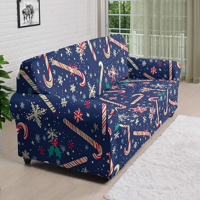 FKELYI Christmas Easy Going Stretch Sofa Slipcover Blue Candy Cane Furniture Protector Easy Going Stretch Sofa Slipcovers with Elastic Bottom XL
