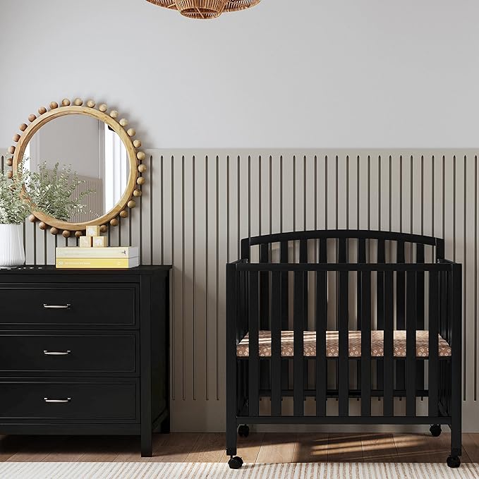 DaVinci Dylan Folding Portable 3-in-1 Convertible Mini Crib and Twin Bed in Ebony, Greenguard Gold Certified