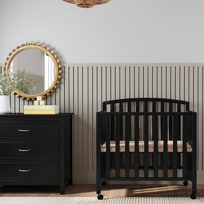 DaVinci Dylan Folding Portable 3-in-1 Convertible Mini Crib and Twin Bed in Ebony, Greenguard Gold Certified