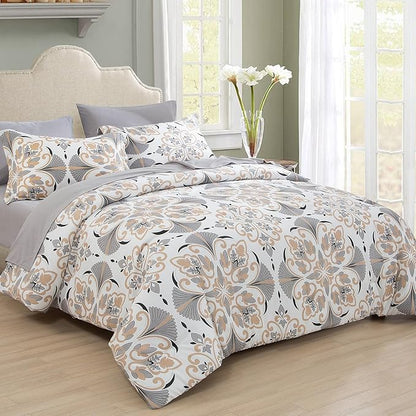 EMME Twin Comforter Set - Grey White Floral Bedding Set 5 PCS with Geometric Flowers Pattern, Soft Plant Printed Botanical Bed Set with Sheets,Fluffy Bed Bag for All Season(68"X90")