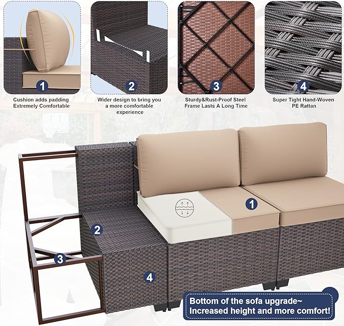 Patio Furniture Set 7-Pieces Outdoor Furniture for Backyard Wicker Sectional Sofa Set, Rattan Patio Conversation Set with Thickened Cushions and Glass Coffee Table, Sand
