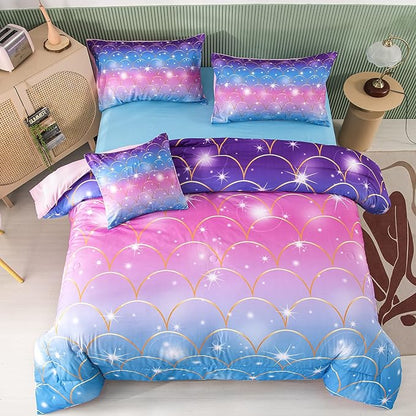 PERFEMET 6Pcs Pink Mermaid Comforter Set Queen Size 3D Glitter Bed in A Bag for Teens Girls Women Colorful Rainbow Bedding Set with Comforter and Sheets Ultra Soft Fuzzy Bed Comforter Quilted Set