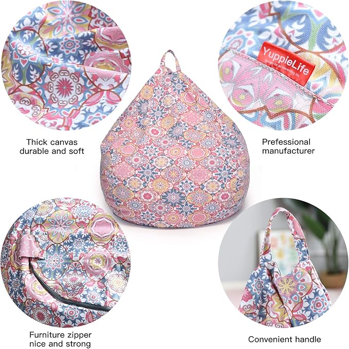 YuppieLife Kids Storage Bean Bag Cover（No Filling） Toy Organizer|Carrying Handle Sofa|Available for Kids and Teenager|Cuddle Chair|Machine Washable and Durable（38“,Pink flowers）