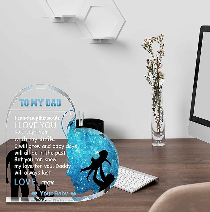 Birthday Gifts for Dad Father, Blue Heart Shaped Acrylic Desk Decor for Home Office Gifts for Dad from Daughter