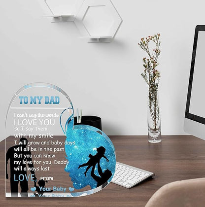 Birthday Gifts for Dad Father, Blue Heart Shaped Acrylic Desk Decor for Home Office Gifts for Dad from Daughter