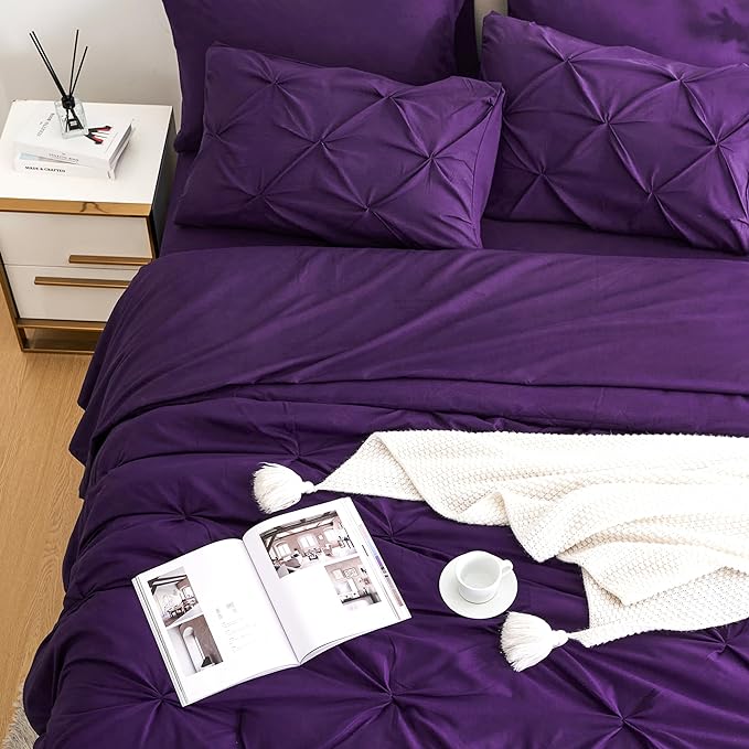 Ubauba 5pc Twin Size Comforter Set with Sheets, Purple Pintuck 5 Piece Bed in a Bag with Comforter, All Season Pinched Bedding Comforters & Sets (Purple,Twin)