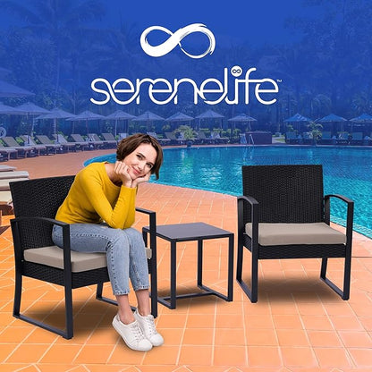SereneLife Patio Outdoor Furniture, 3 Pcs. Per Set-includes 2 Single Chairs with Soft Cushion and 1 Glass-top Coffee Table, Black Weather-Resistant Resin Wicker Rattan, Brown