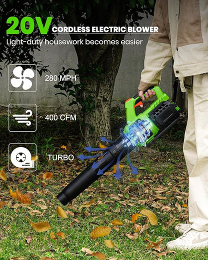 HARDELL Leaf Blower Cordless, 20V Electric Leaf Blower with Battery and Charger, 280 MPH Powerful Battery Powered Leaf Blower for Lawn Care, Patio, Yard, Side Walk, Snow Blowing