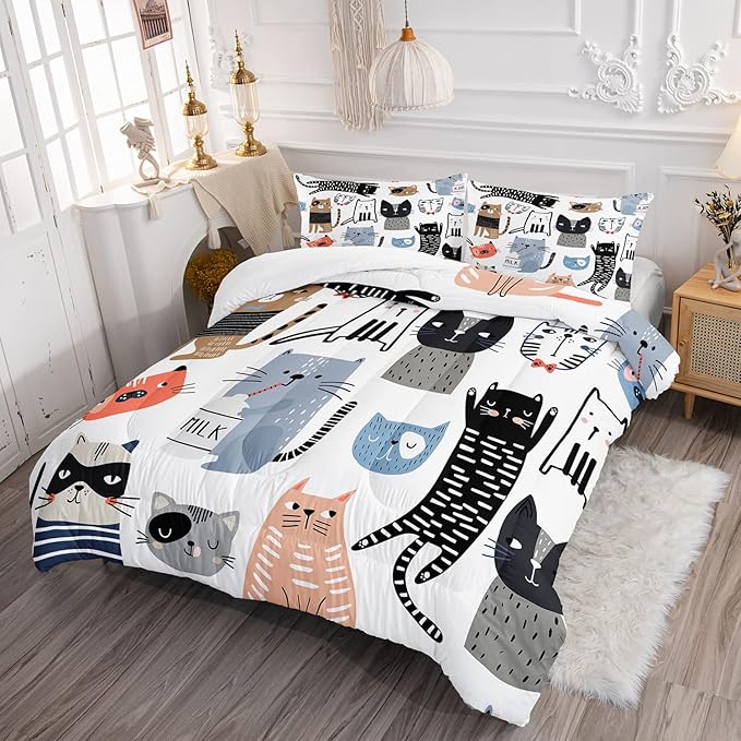CVHOUSE Cat Bedding,Cartoon Cat Comforter Full,Animals Print Comforter Set for Kids,Kawaii Quilt Set with 1 Comforter and 2 Pillow Cases