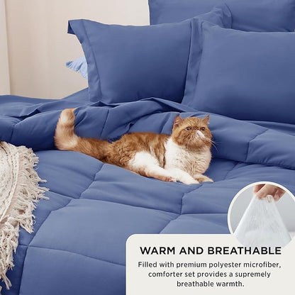 Bedsure Infinity Blue Full Size Comforter Set - 7 Pieces Solid Full Bed in a Bag, Full Bed Set Infinity Blue with Comforters, Sheets, Pillowcases & Shams