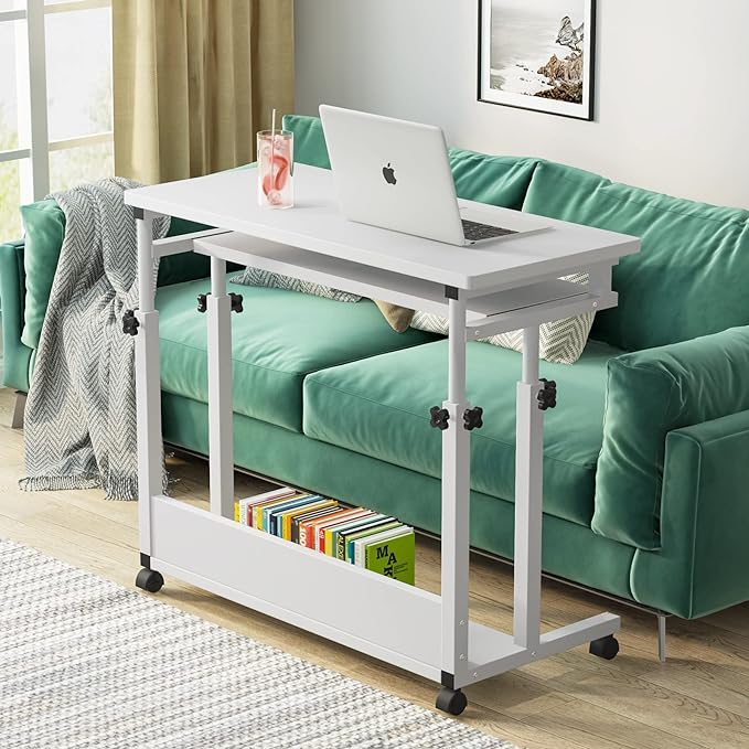 Tribesigns Portable Desk for Sofa and Bed, Height Adjustable Mobile Laptop Table Small Standing Desk Rolling Computer Cart with Keyboard Tray on Wheels for Home Office (White)