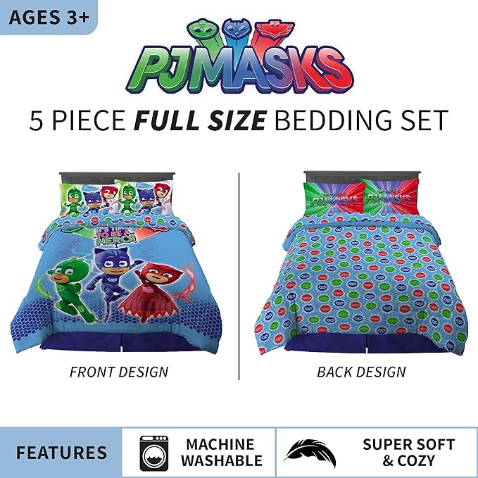 Franco Kids Bedding Super Soft Comforter and Sheet Set, 5 Piece Full Size, PJ Masks