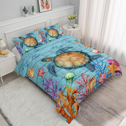 Datura home Sea Turtle Bedding Comforter Set Sea Turtle Ocean Beach Printed Pattern Bedding Set with 1 Comforter and 2 Pillowcases for Boys Bedroom All Season(Sea Turtle Full), Full 80x90inches