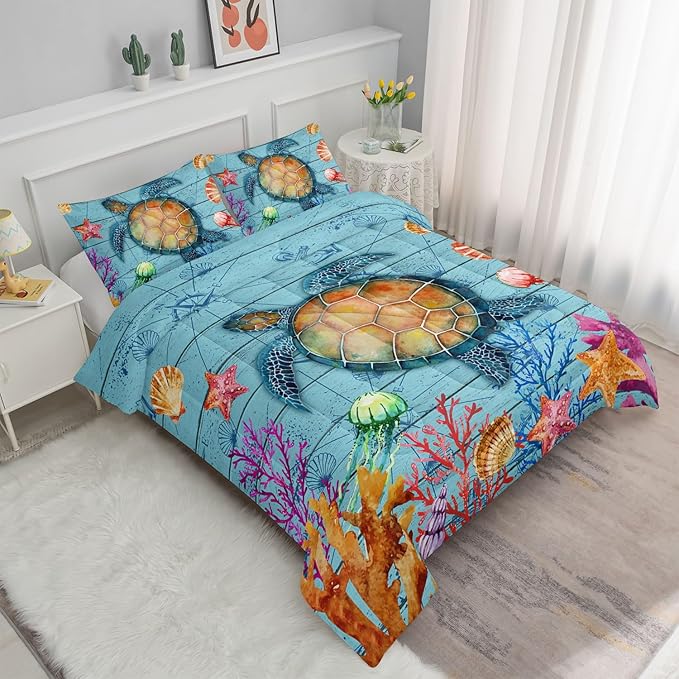 Datura home Sea Turtle Bedding Comforter Set Sea Turtle Ocean Beach Printed Pattern Bedding Set with 1 Comforter and 2 Pillowcases for Boys Bedroom All Season(Sea Turtle Twin)